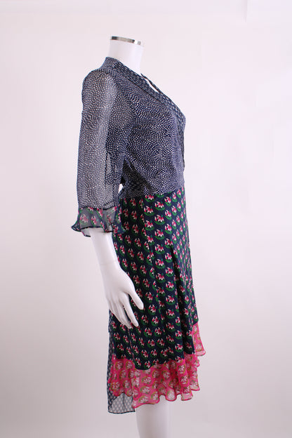 Diane Von Furstenberg S/S Dot/ Flower Print Wrap Dress Navy/ White 14 | O/S, Navy
