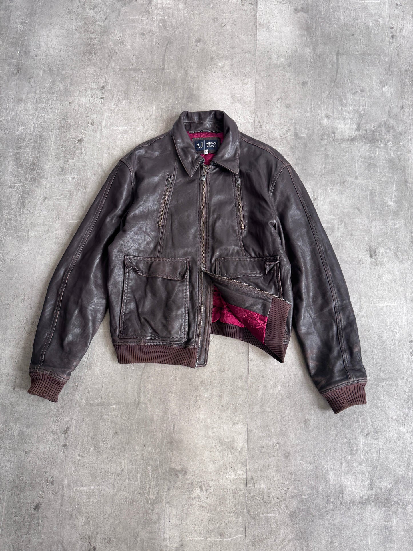 Armani Jeans Silk Lined Brown Leather Jacket