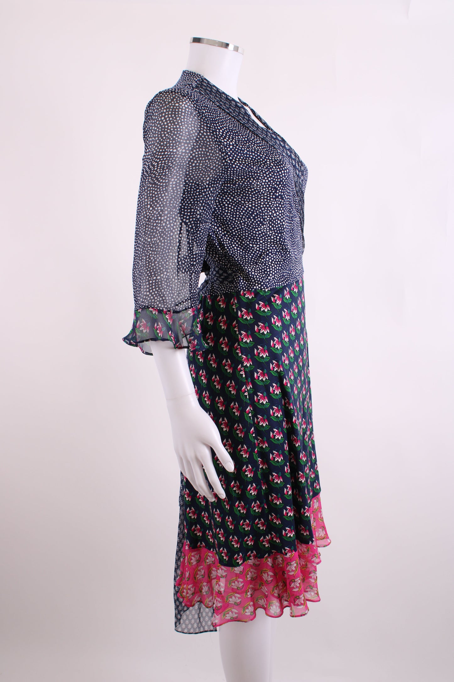 Diane Von Furstenberg S/S Dot/ Flower Print Wrap Dress Navy/ White 14 | O/S, Navy