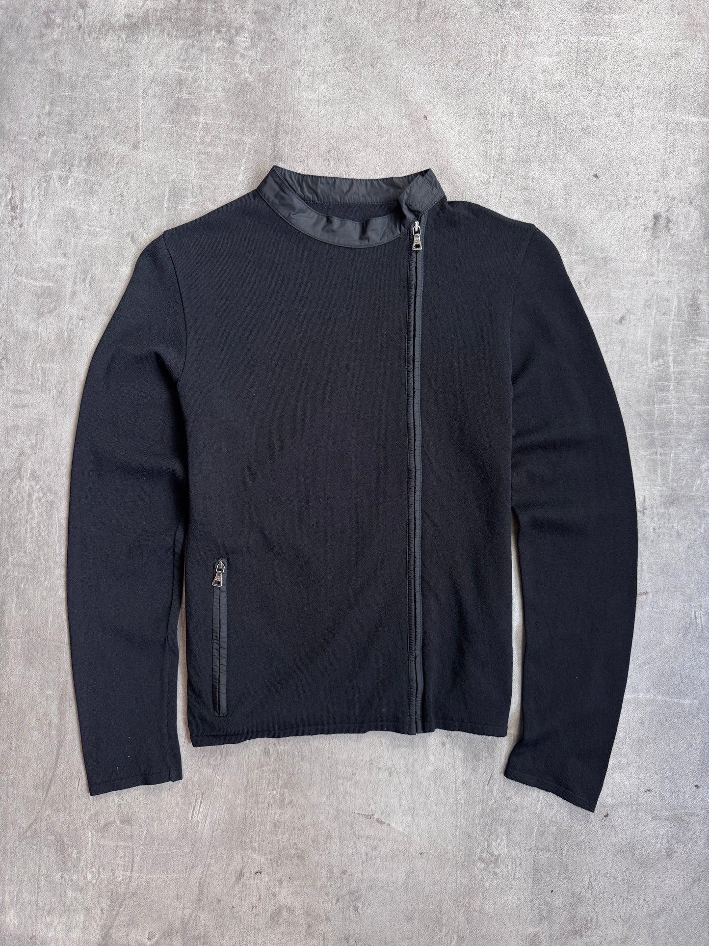 Prada Black Knit Asymmetric Zip Up Nylon Trim Cardigan