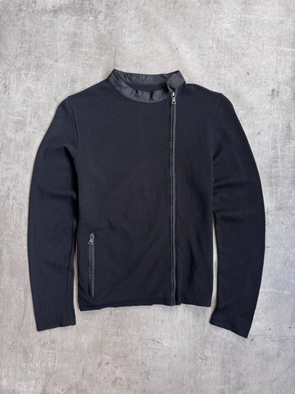 Prada Black Knit Asymmetric Zip Up Nylon Trim Cardigan