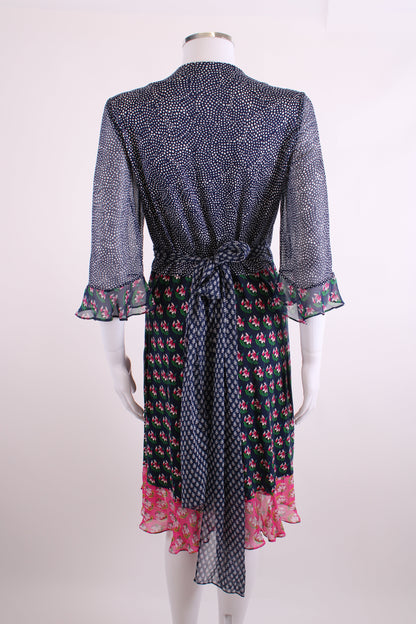 Diane Von Furstenberg S/S Dot/ Flower Print Wrap Dress Navy/ White 14 | O/S, Navy