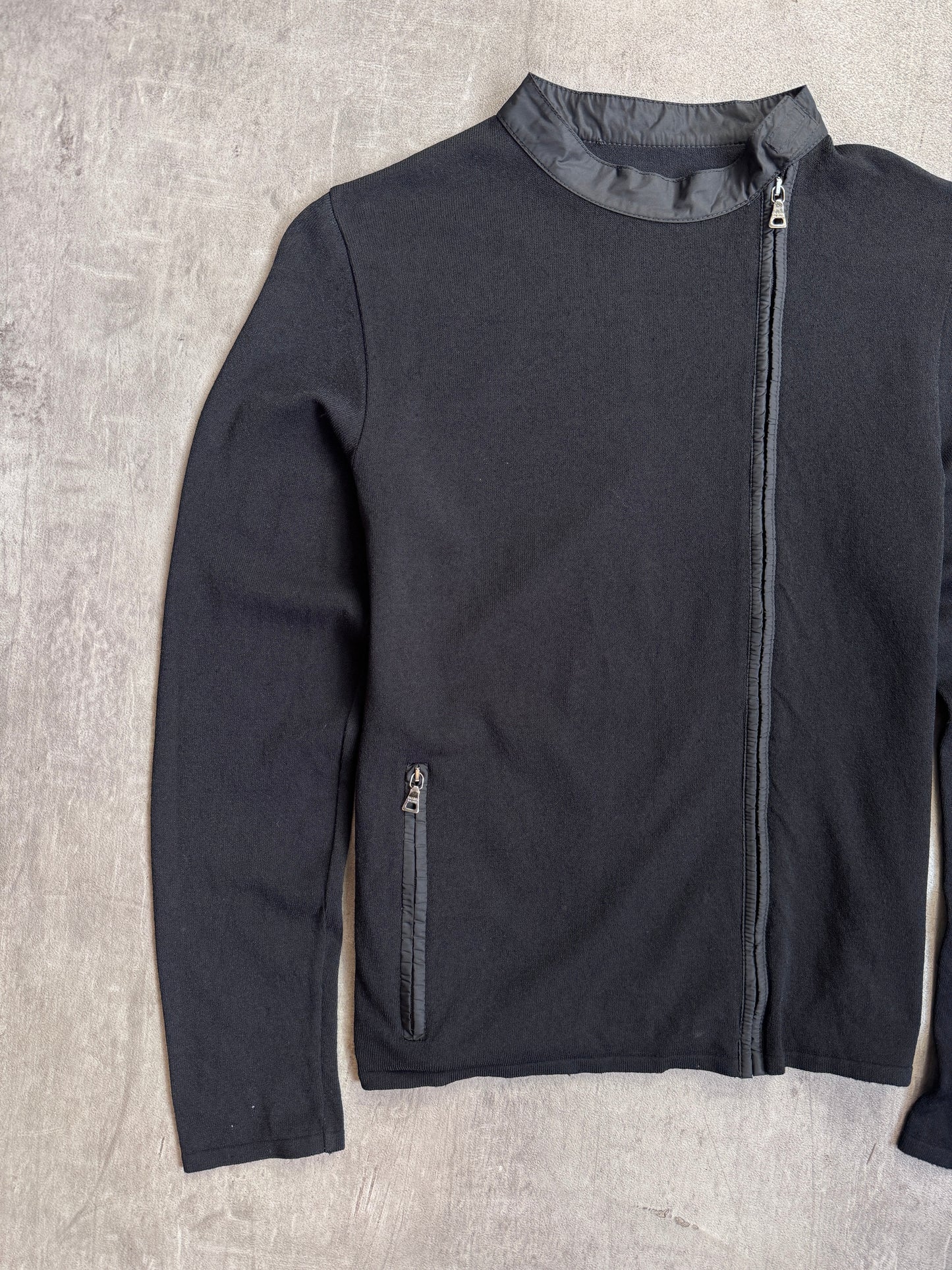 Prada Black Knit Asymmetric Zip Up Nylon Trim Cardigan