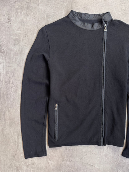 Prada Black Knit Asymmetric Zip Up Nylon Trim Cardigan