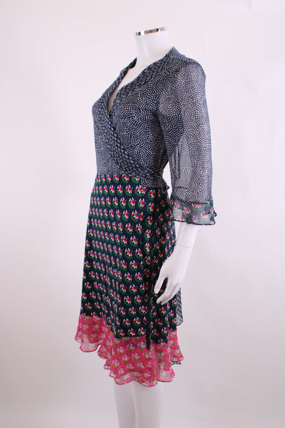 Diane Von Furstenberg S/S Dot/ Flower Print Wrap Dress Navy/ White 14 | O/S, Navy