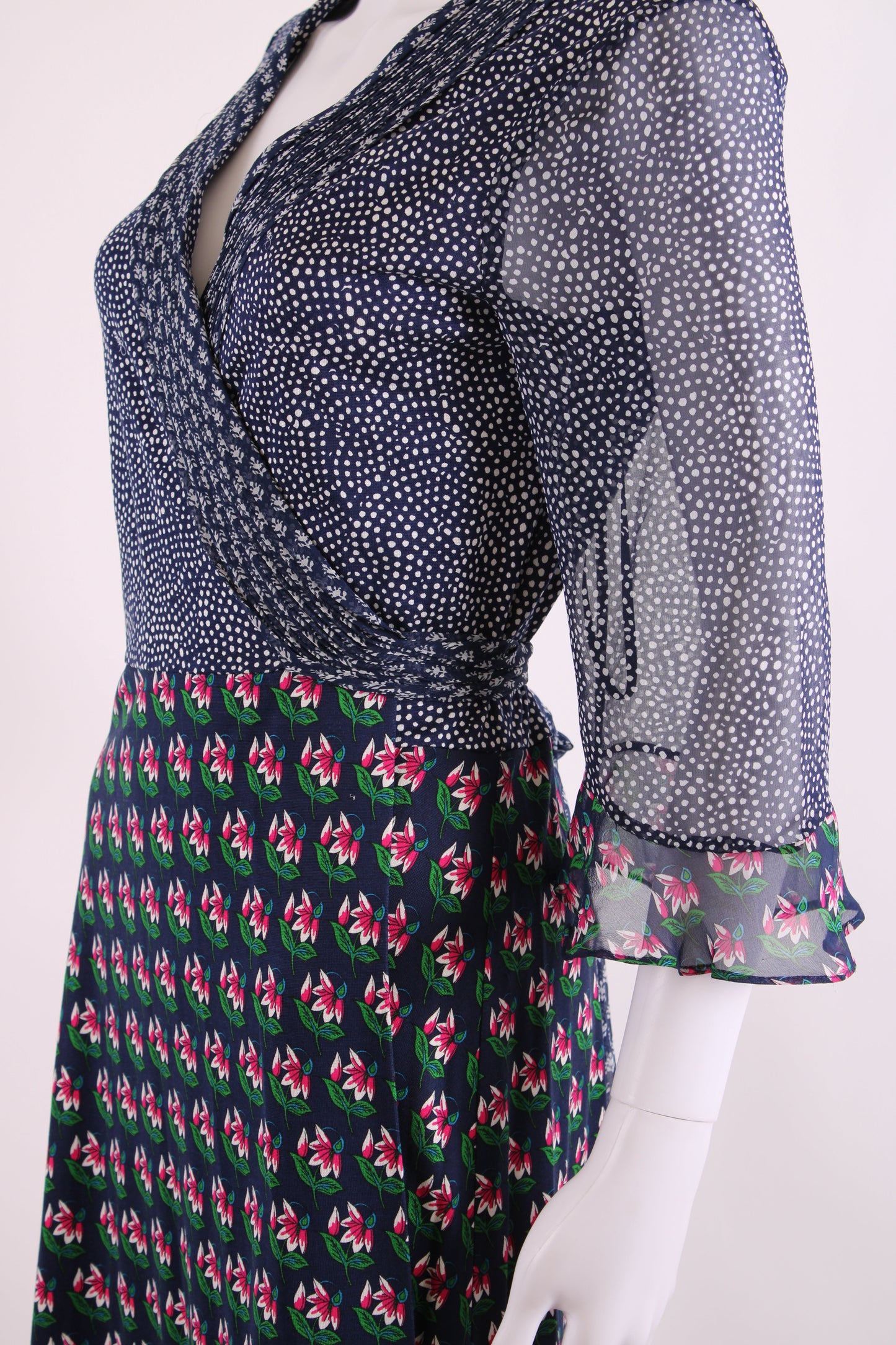 Diane Von Furstenberg S/S Dot/ Flower Print Wrap Dress Navy/ White 14 | O/S, Navy