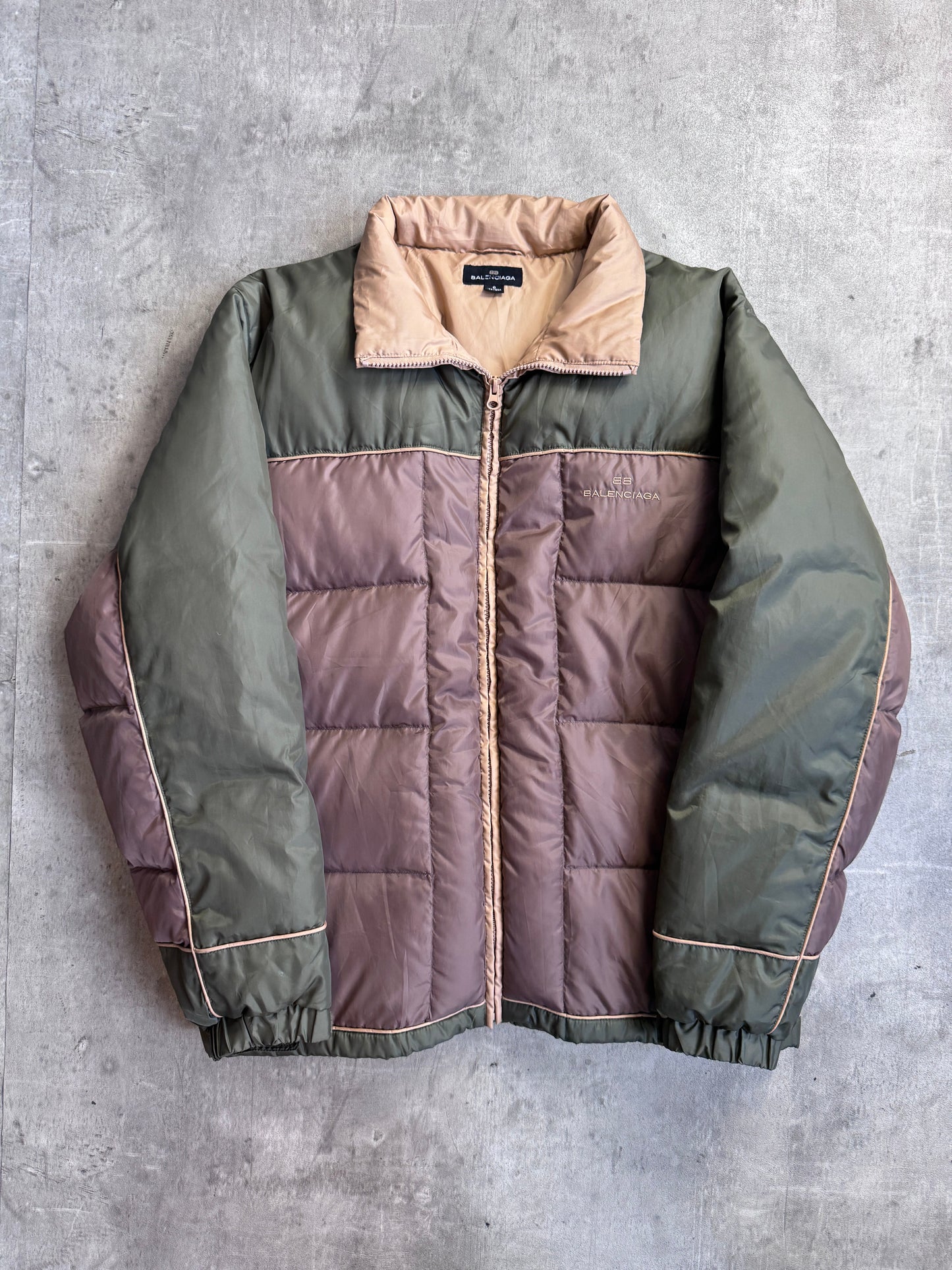 Balenciaga 90s Vintage Khaki Colour Block Down Feather Puffer Jacket