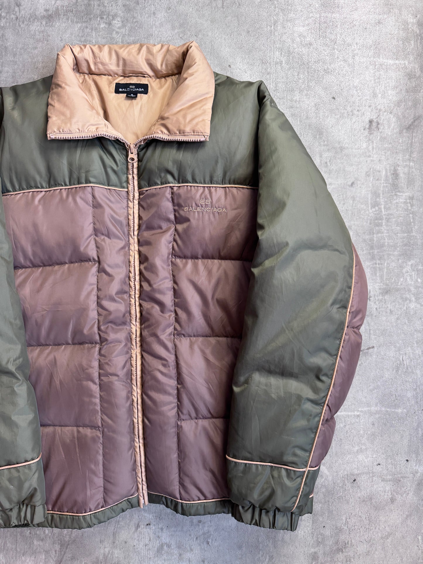 Balenciaga 90s Vintage Khaki Colour Block Down Feather Puffer Jacket