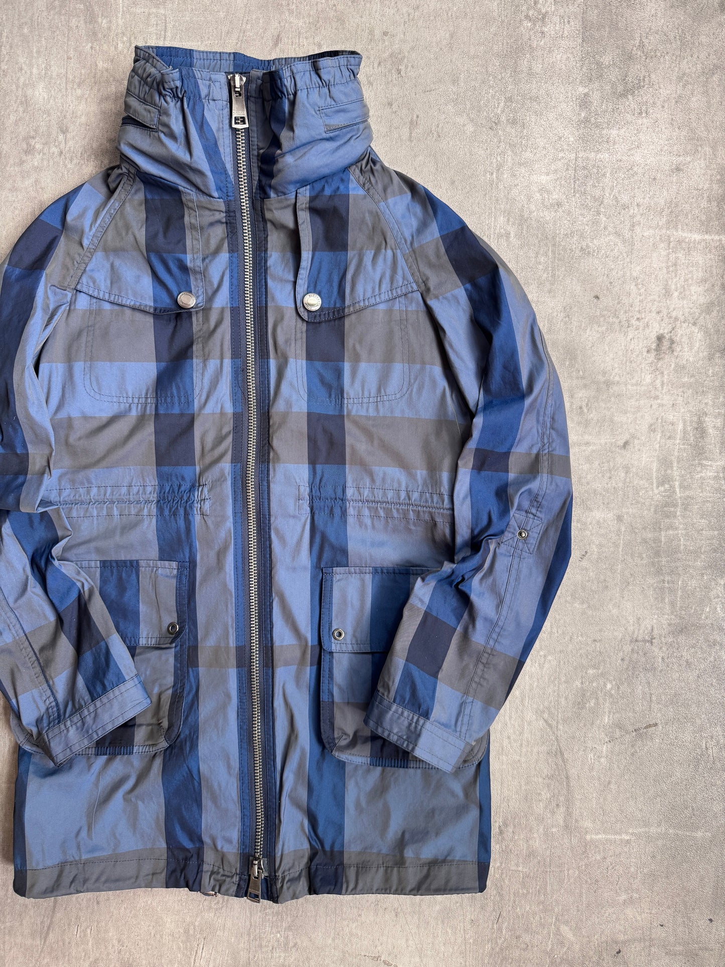 Burberry Brit Blue Nova Check Print Hooded Windbreaker Tech Jacket