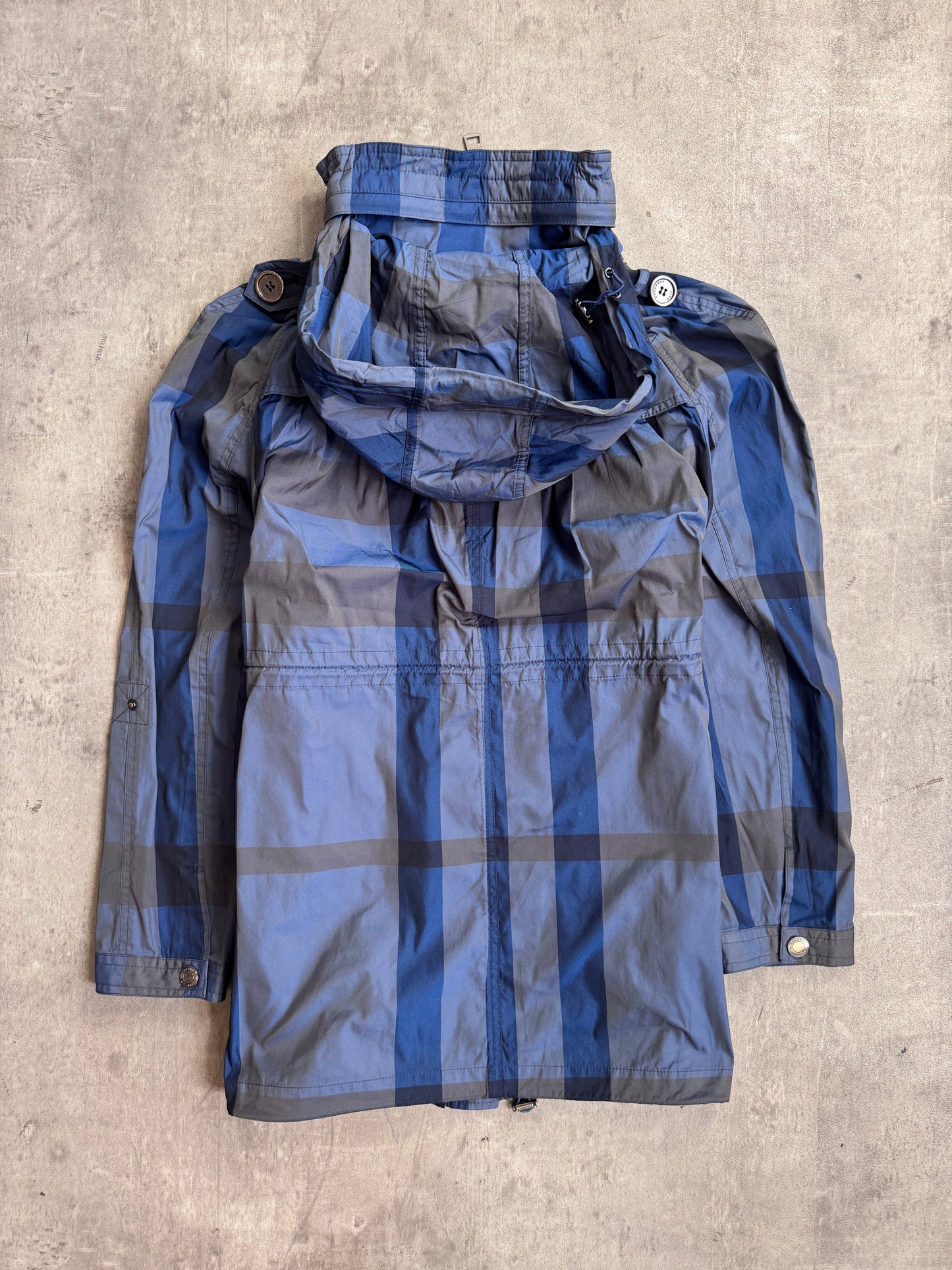 Burberry Brit Blue Nova Check Print Hooded Windbreaker Tech Jacket