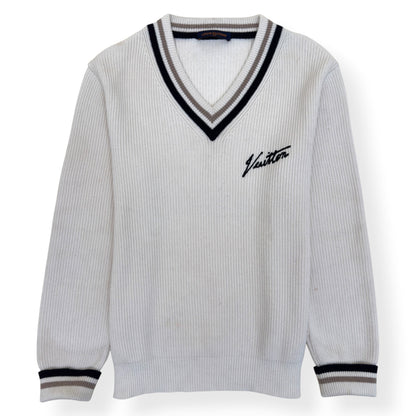LOUIS VUITTON SIGNATURE LOGO V-NECK KNIT PULLOVER WHITE XL | XL, White