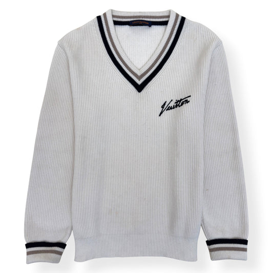 LOUIS VUITTON SIGNATURE LOGO V-NECK KNIT PULLOVER WHITE XL | XL, White