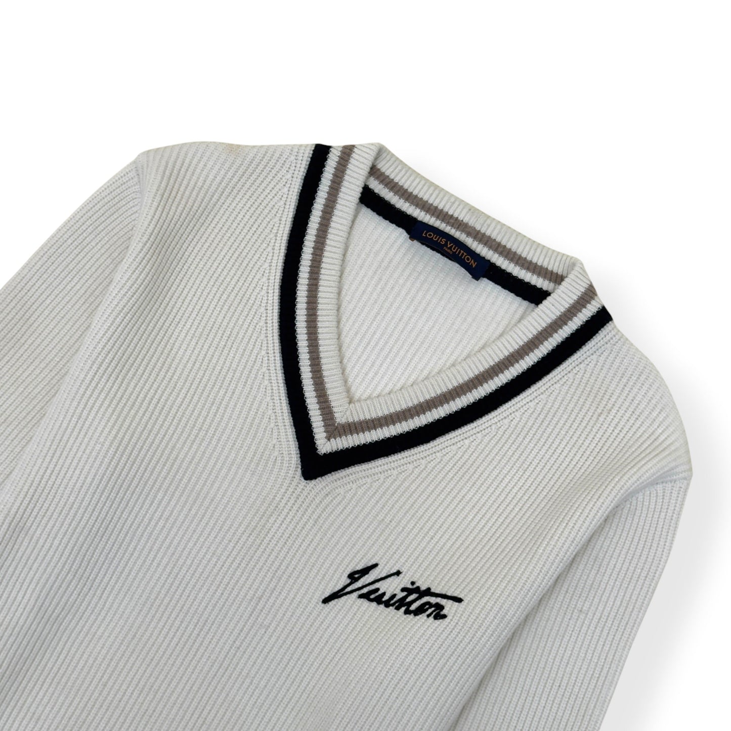 LOUIS VUITTON SIGNATURE LOGO V-NECK KNIT PULLOVER WHITE XL | XL, White