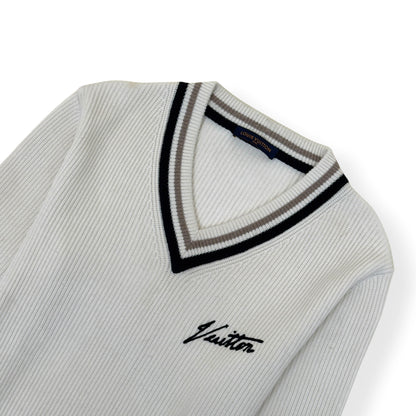 LOUIS VUITTON SIGNATURE LOGO V-NECK KNIT PULLOVER WHITE XL | XL, White