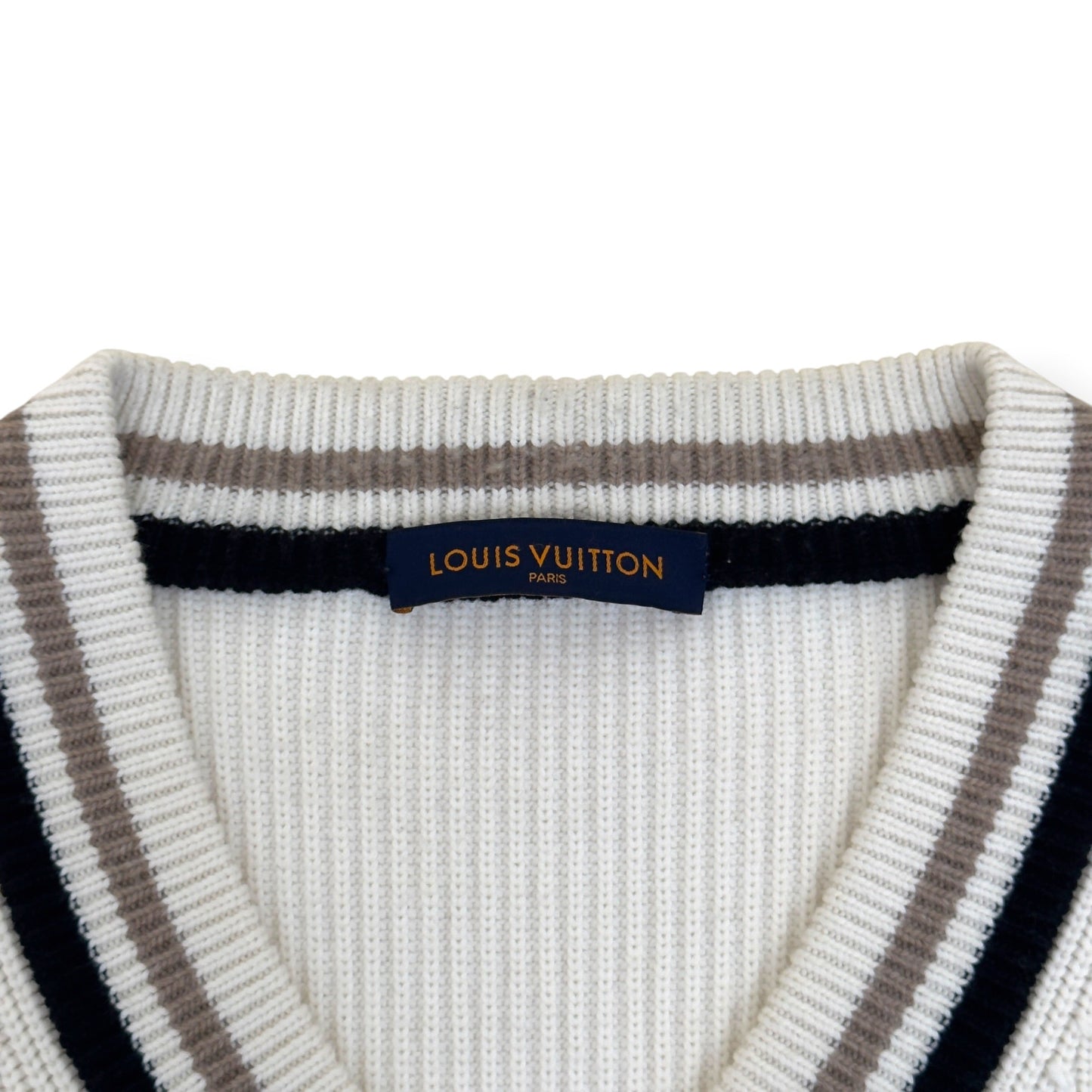 LOUIS VUITTON SIGNATURE LOGO V-NECK KNIT PULLOVER WHITE XL | XL, White