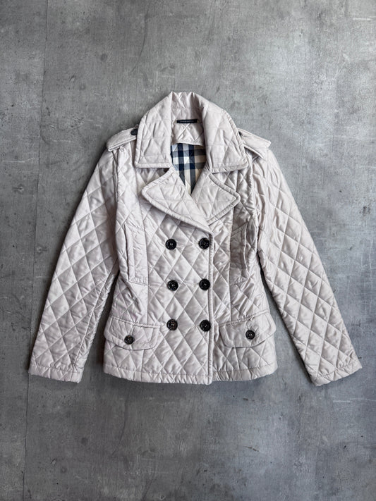 Burberry Cream Nova Check Lined Double Breasted Diamond Quilt Peacoat