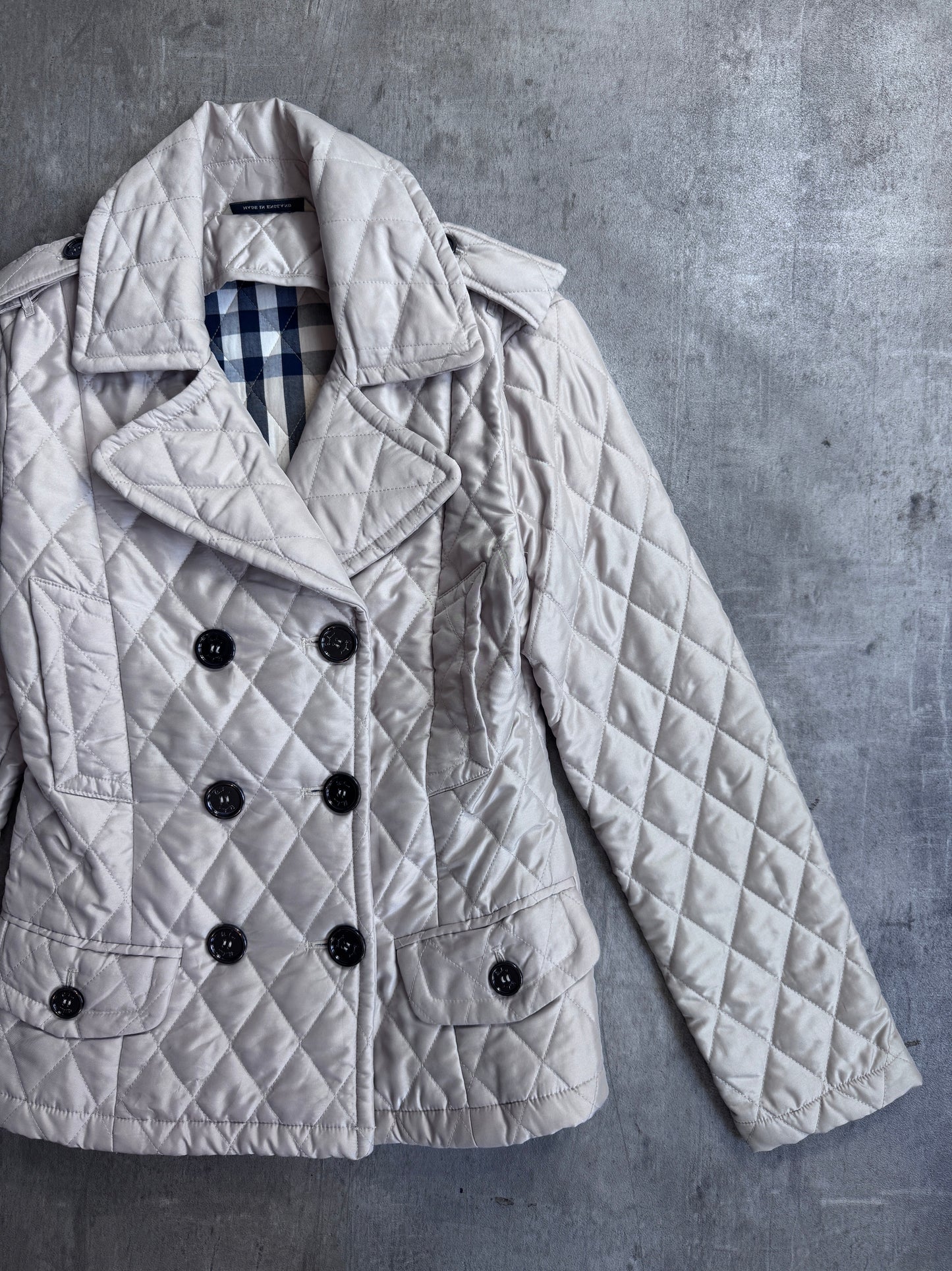 Burberry Cream Nova Check Lined Double Breasted Diamond Quilt Peacoat