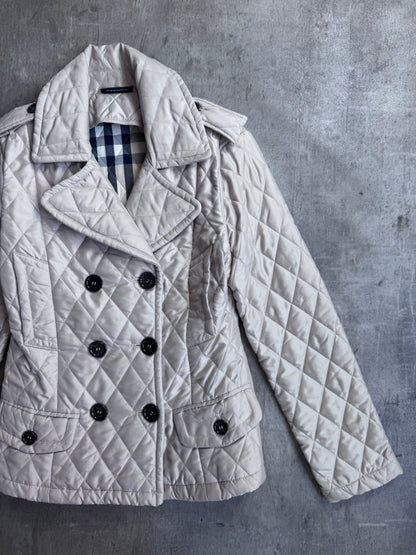 Burberry Cream Nova Check Lined Double Breasted Diamond Quilt Peacoat