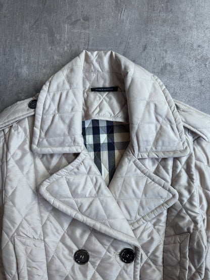 Burberry Cream Nova Check Lined Double Breasted Diamond Quilt Peacoat