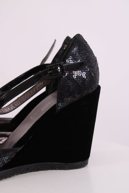 Fendi Sequin Velvet Logo Wedges Navy 36 | O/S, Navy