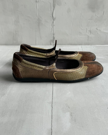 PRADA 2000'S BROWN & METALLIC SUEDE BALLET FLATS - EU 39 / UK 6 | UK 7, Brown