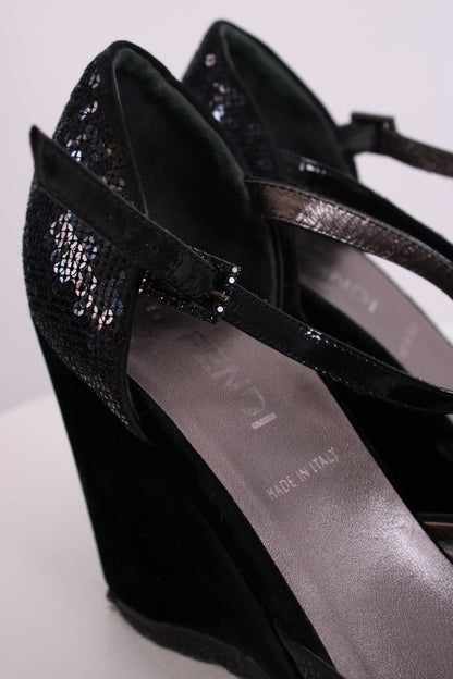 Fendi Sequin Velvet Logo Wedges Navy 36 | O/S, Navy