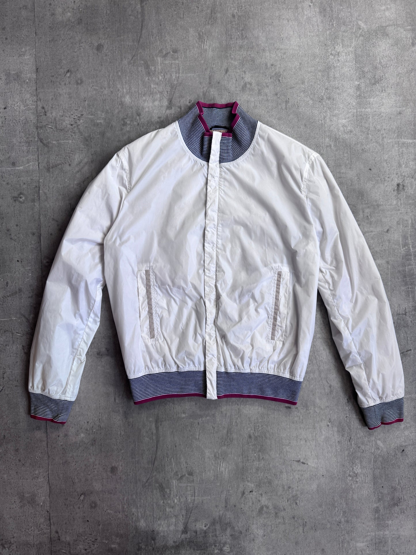 Gucci Signature Stripe Trim White Poly Bomber Jacket