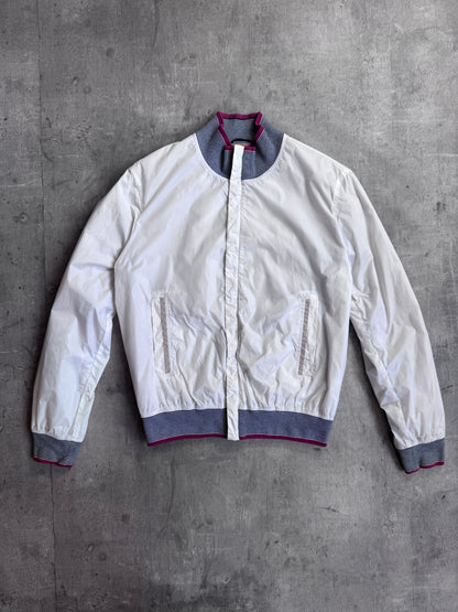 Gucci Signature Stripe Trim White Poly Bomber Jacket