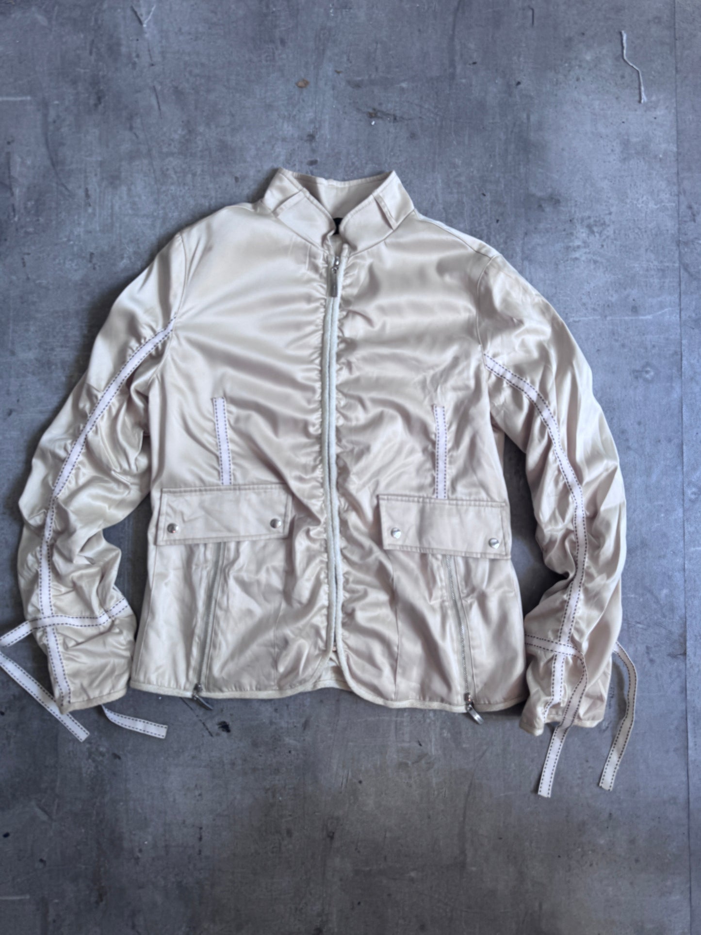 Marc Jacobs Ivory Satin Ribbon Ruched Sleeve Jacket (SOLD AS SEEN) | Small, Multicoloured