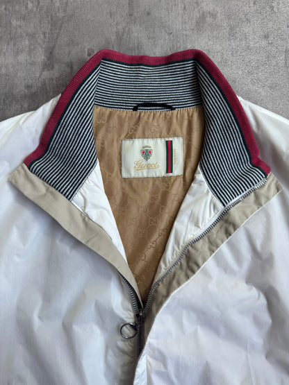 Gucci Signature Stripe Trim White Poly Bomber Jacket