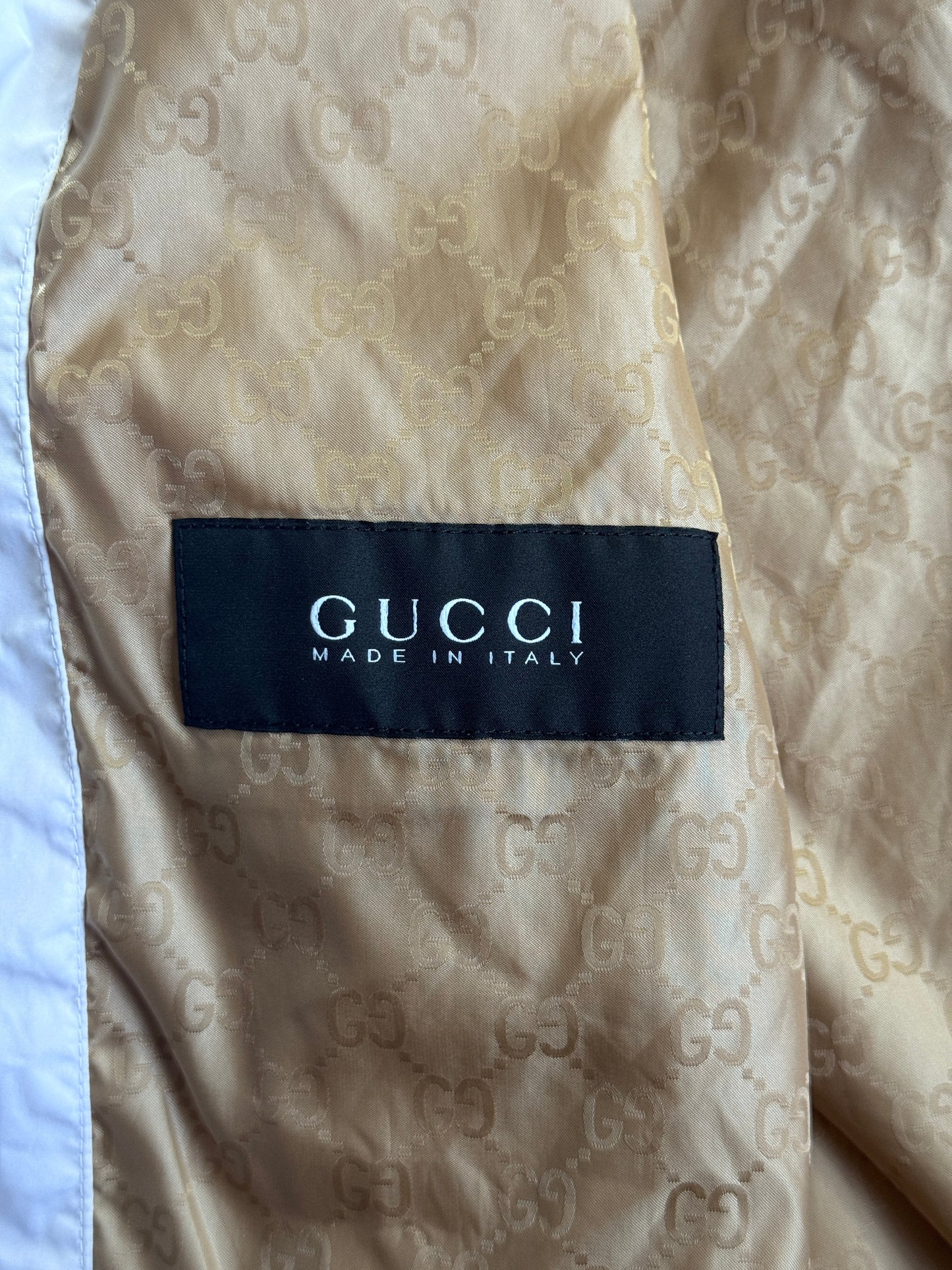 Gucci Signature Stripe Trim White Poly Bomber Jacket