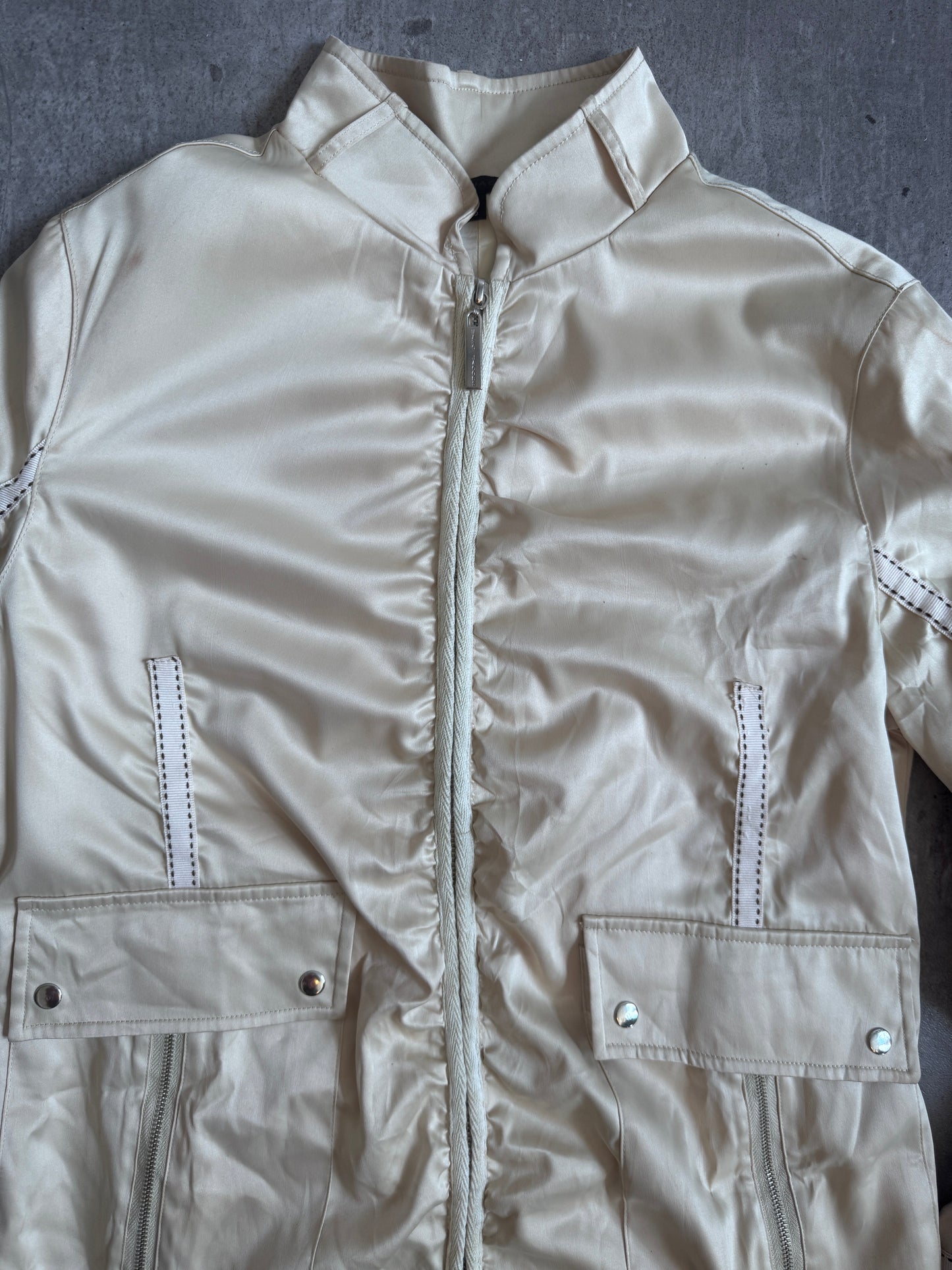 Marc Jacobs Ivory Satin Ribbon Ruched Sleeve Jacket (SOLD AS SEEN) | Small, Multicoloured