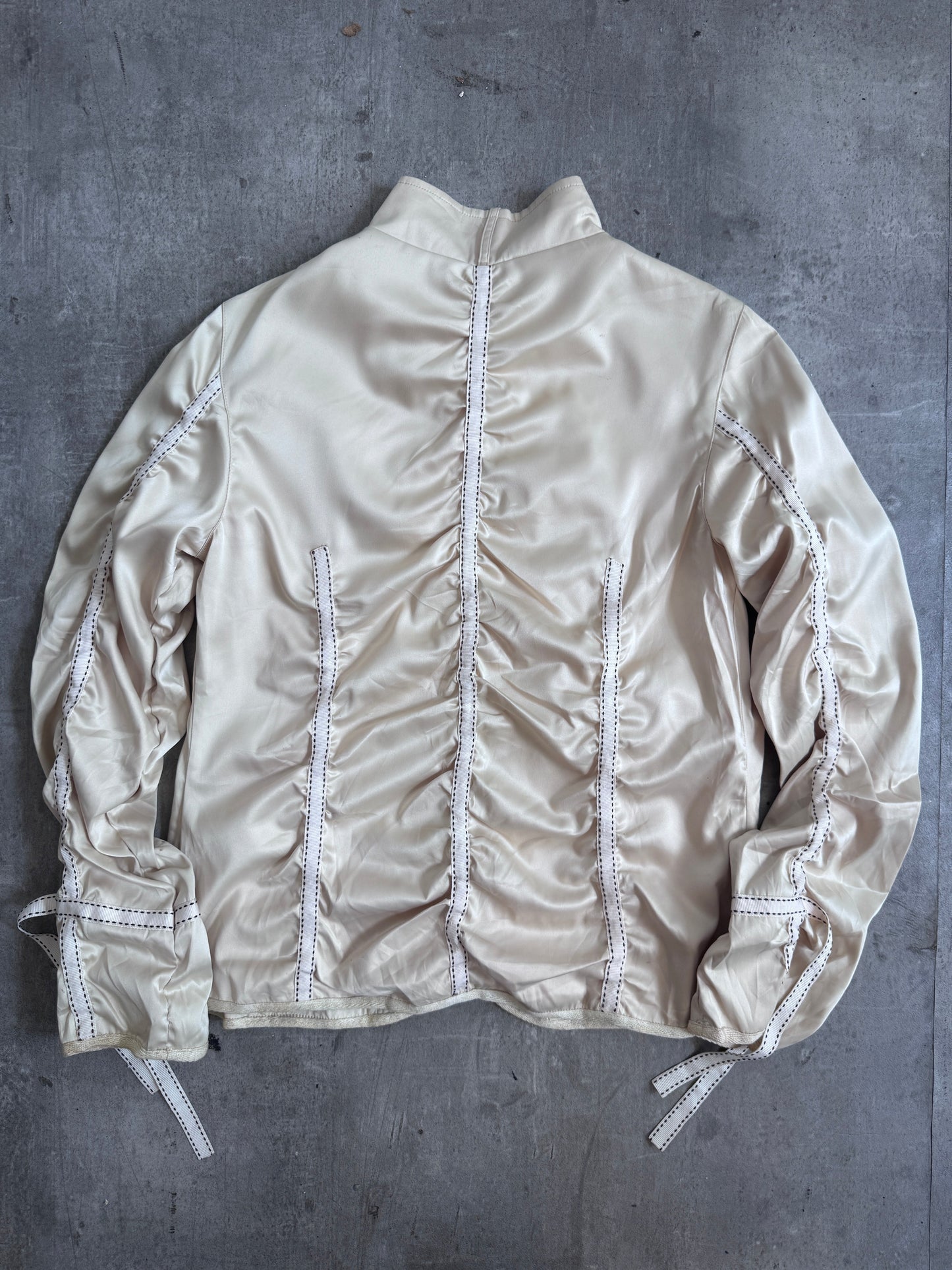 Marc Jacobs Ivory Satin Ribbon Ruched Sleeve Jacket (SOLD AS SEEN) | Small, Multicoloured
