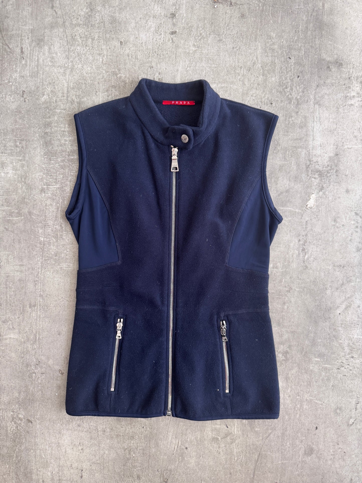 Prada Nylon Panel Tailored Navy Fleece Gilet | Small, Multicoloured