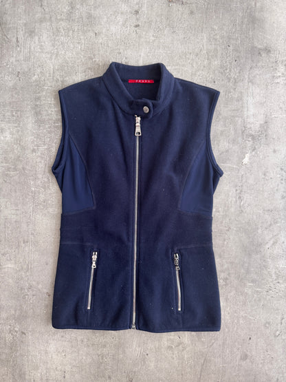 Prada Nylon Panel Tailored Navy Fleece Gilet | Small, Multicoloured