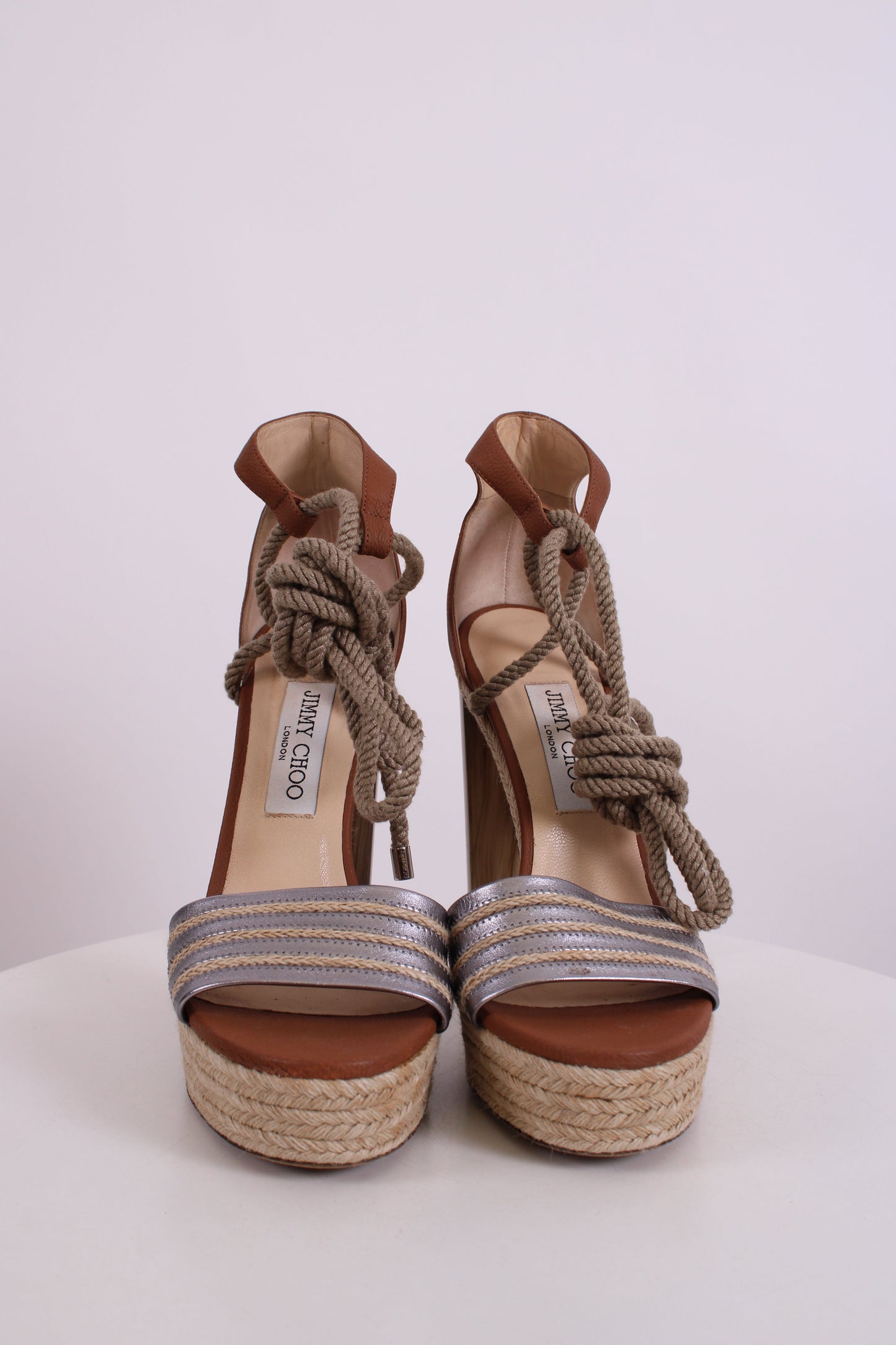 Jimmy Choo Espadrille Rope Tie Heels Tan/ Silver 40 | O/S, Silver
