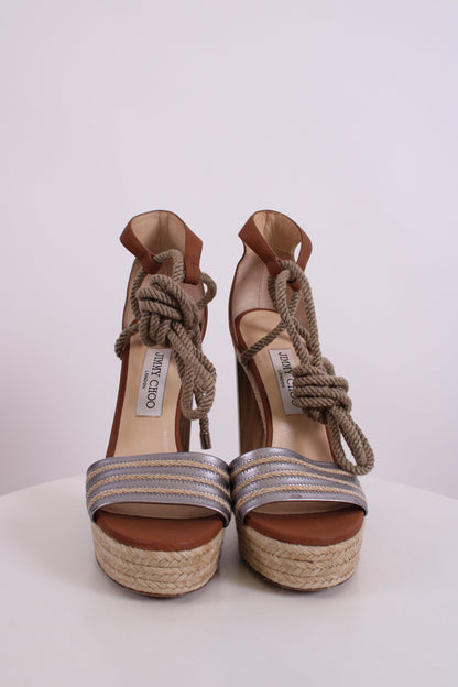 Jimmy Choo Espadrille Rope Tie Heels Tan/ Silver 40 | O/S, Silver