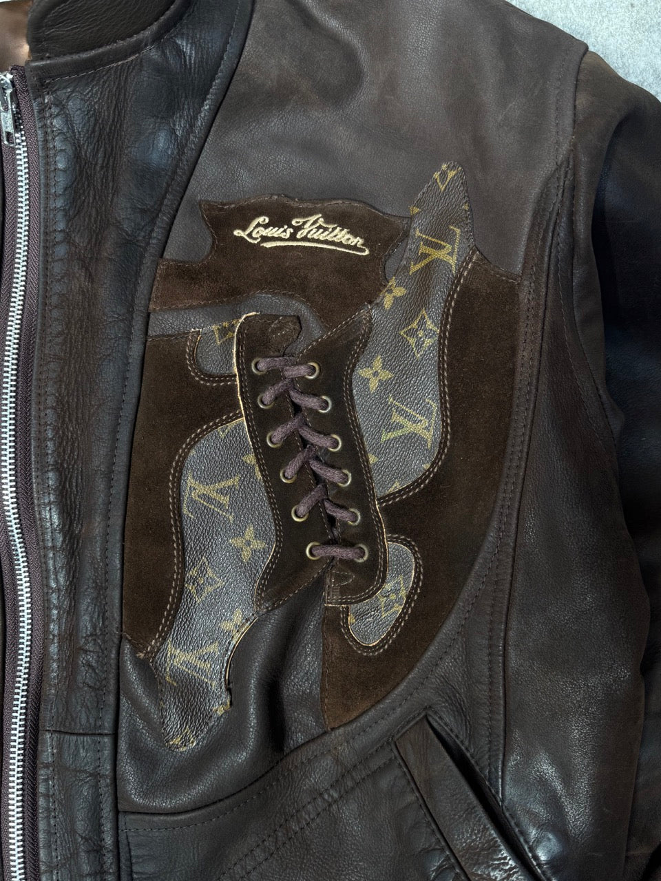 VT Rework: Louis Vuitton Lace Shoe Brown Leather Jacket