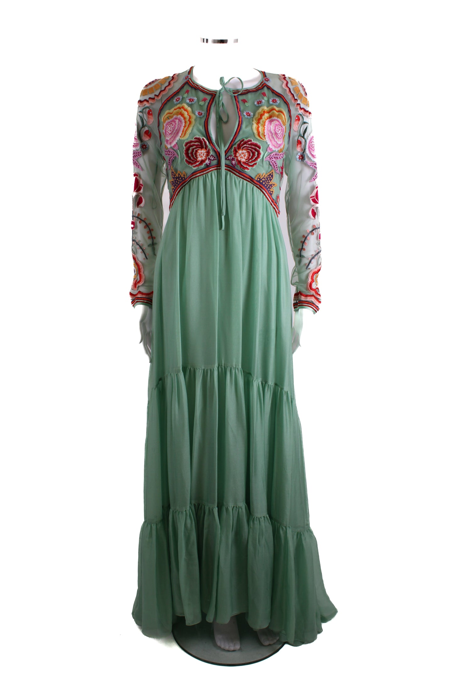 Temperley London L/S Folk Floral Embroidered Dress Mint/ Multi Colour 12 | O/S, Red