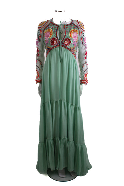 Temperley London L/S Folk Floral Embroidered Dress Mint/ Multi Colour 12 | O/S, Red
