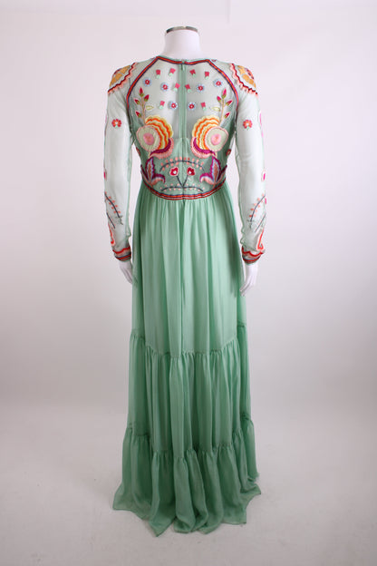 Temperley London L/S Folk Floral Embroidered Dress Mint/ Multi Colour 12 | O/S, Red
