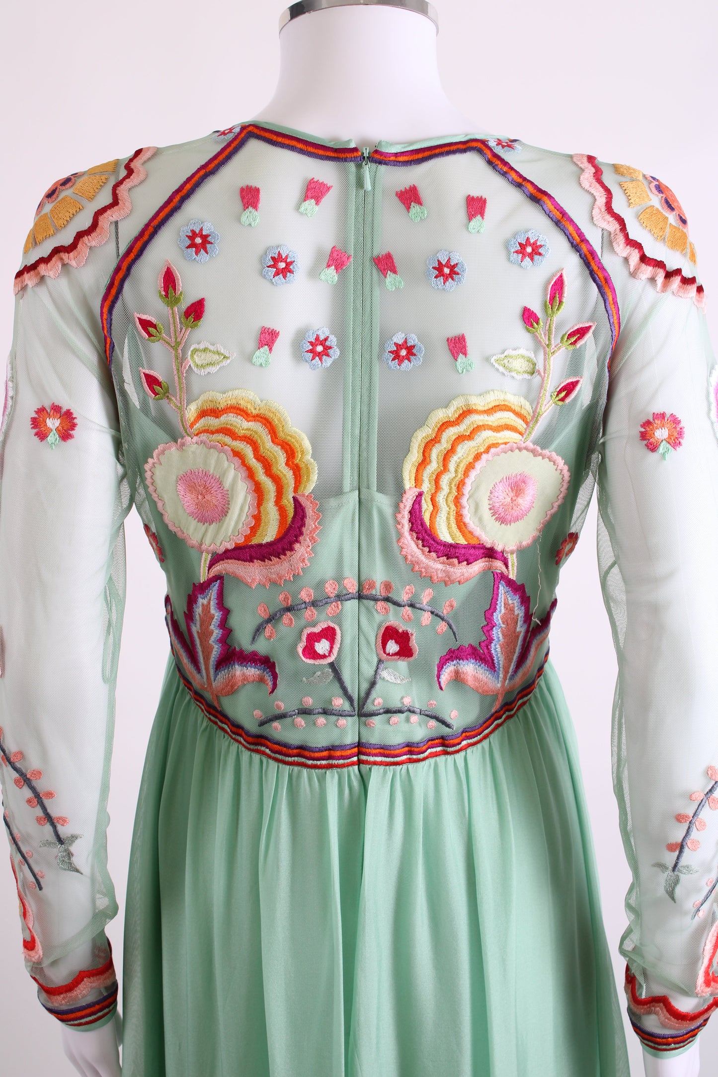 Temperley London L/S Folk Floral Embroidered Dress Mint/ Multi Colour 12 | O/S, Red