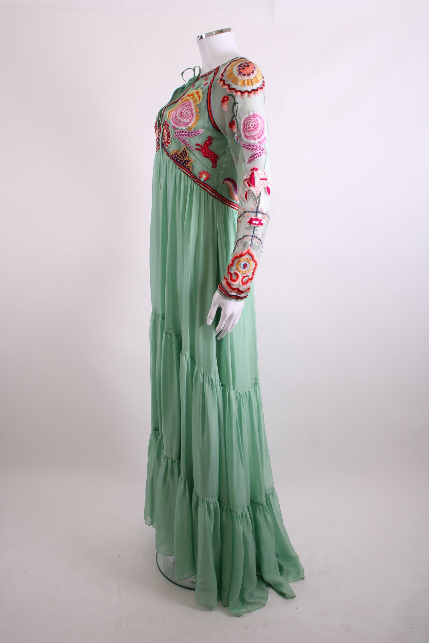 Temperley London L/S Folk Floral Embroidered Dress Mint/ Multi Colour 12 | O/S, Red