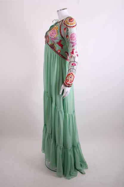 Temperley London L/S Folk Floral Embroidered Dress Mint/ Multi Colour 12 | O/S, Red