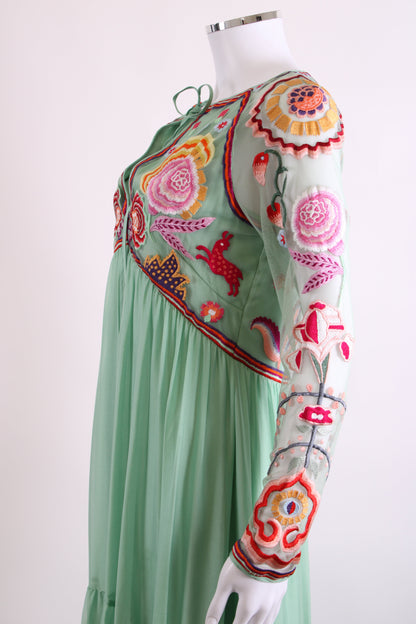 Temperley London L/S Folk Floral Embroidered Dress Mint/ Multi Colour 12 | O/S, Red