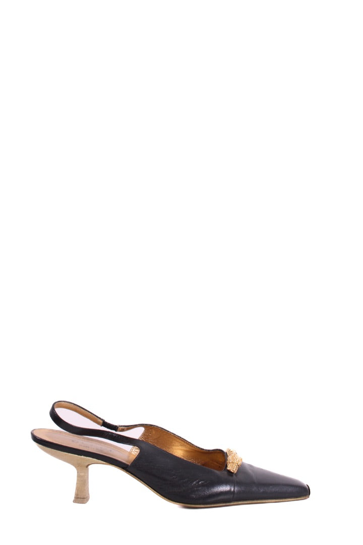 Gucci Dragon Accent Slingback Heels Black/ Gold 40.5 | DEFAULT TITLE, Black