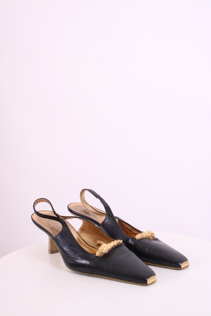 Gucci Dragon Accent Slingback Heels Black/ Gold 40.5 | DEFAULT TITLE, Black