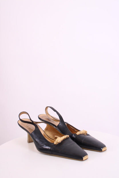 Gucci Dragon Accent Slingback Heels Black/ Gold 40.5 | DEFAULT TITLE, Black