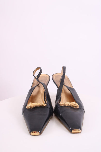 Gucci Dragon Accent Slingback Heels Black/ Gold 40.5 | DEFAULT TITLE, Black