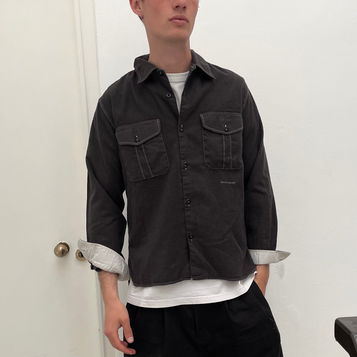 Stone Island Brown 00s Wool Contrast Stitch Shirt | Medium, Brown